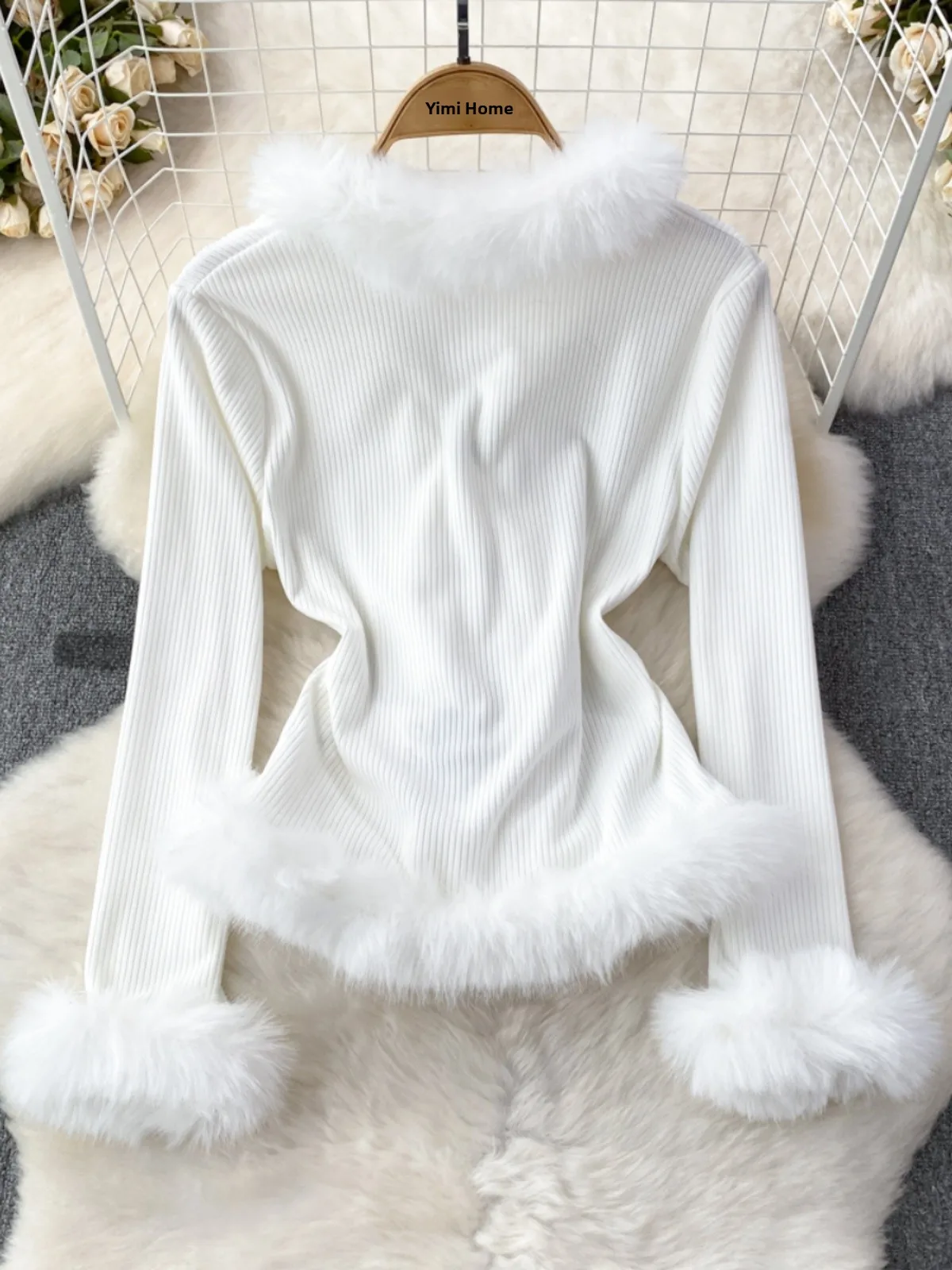 Fall Winter Korean Sle V-Ne Splice Bell Sve Slim Fit Fur Sweater Women Casual Outerwear Top Thiened Long Sve