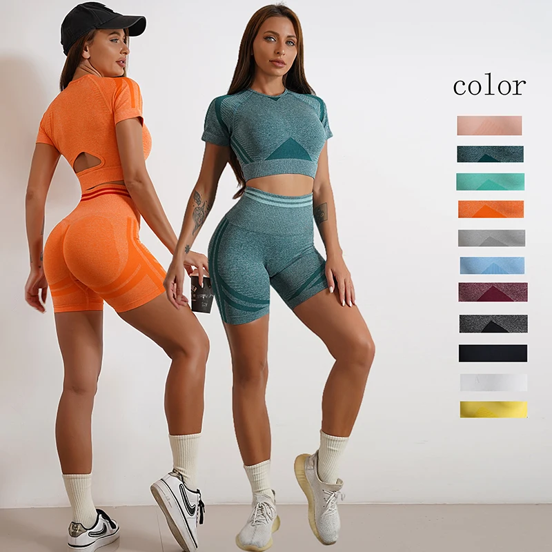 Winter Ombre Crop Tops Shirts Seamless Yoga Set Women Gym Workout Fitness Scrunch Squat Proof Leggings Active Suits 1/2PCS