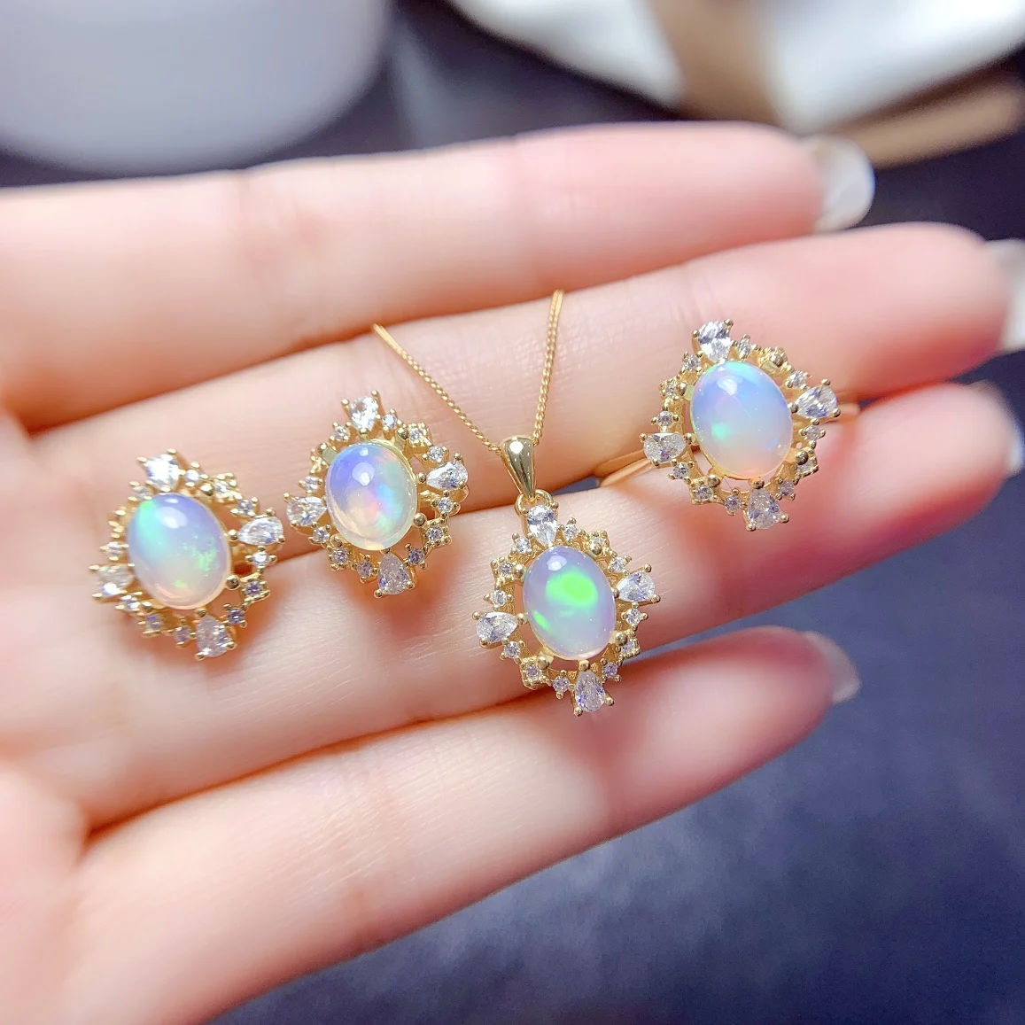 

Natural Opal Colored Stone Jewelry Set Real 925 Sterling Silver Earrings Ring Pendant Ladies High Glamour Jewelry Luxury