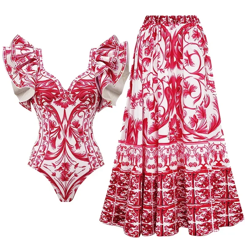 

2024 Women Swimwear 2PC Cover-up Swimsuit Ruffle Solid Printed Deep V One-piece Monokini Kimono Bikini Suit Summer Beachwear