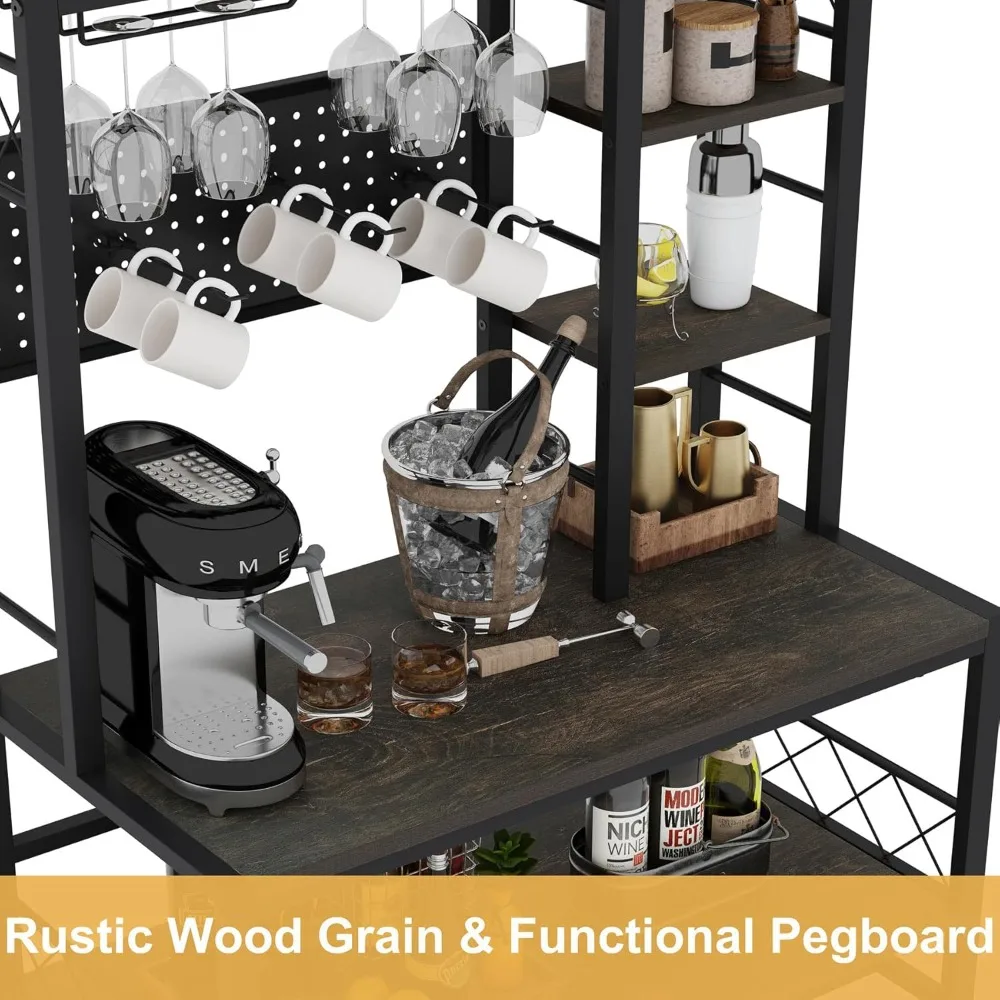 Wine Rack Freestanding Floor, Liquor Bar Cabinet with Storage, Coffee Bar Table with Glass Holder，Bakers Stand for Home