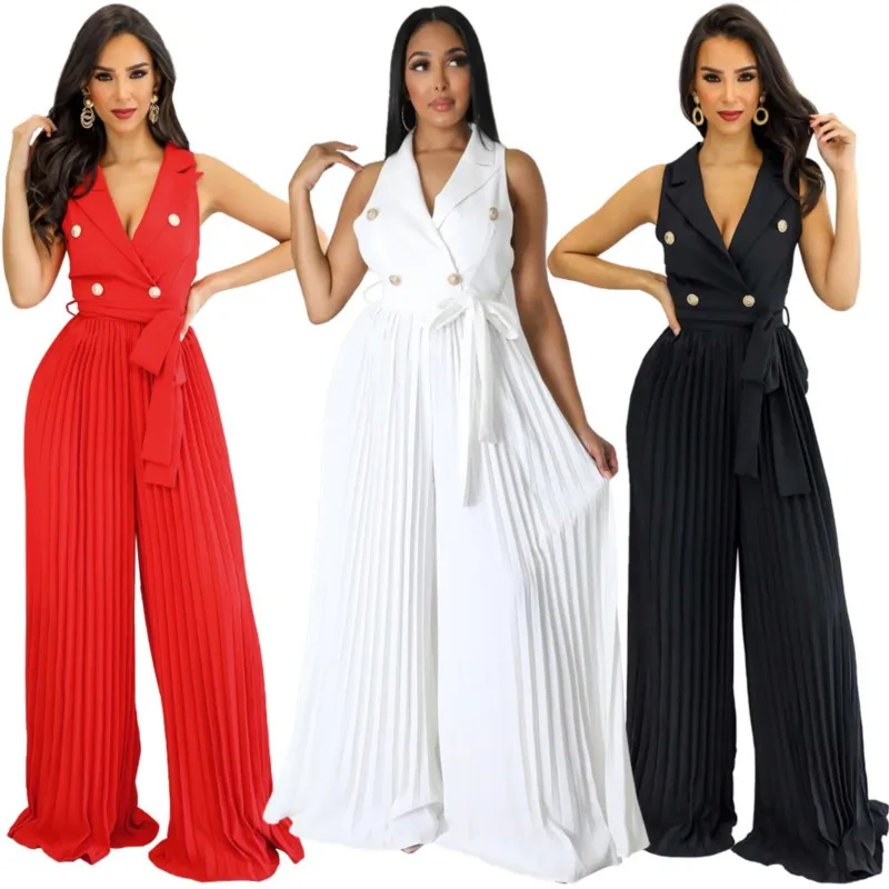 

Swim Suit Vacation Outfits Covered Women Summer Clothes For Neck Sleeveless Halter Street Pleated Leg Jumpsuit Solid Polyester