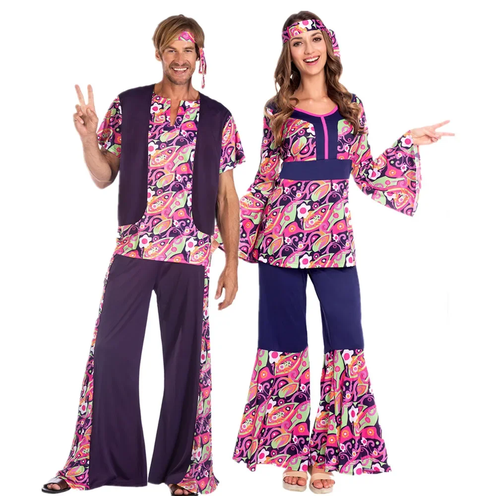 

Halloween Costume for Couple 70s 80s Retro Hippie Go Go Girl Disco Costume Fancy Dress Party Peace Love Hippie Performance