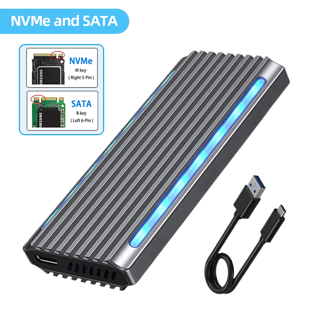 Aluminum Alloy RGB M.2 SSD Case NVME SATA Dual Protocol M.2 to USB Type C 3.1 SSD Adapter for NVME PCIE NGFF SATA M2 Box