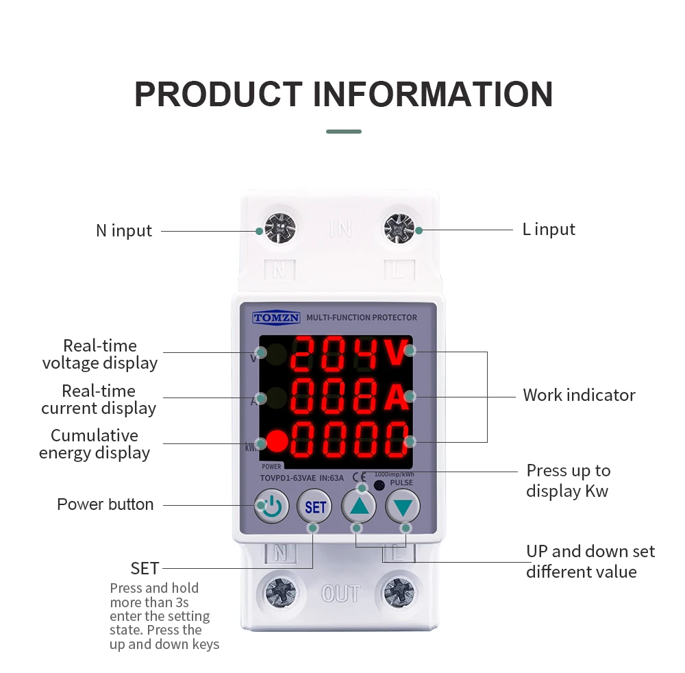 TOMZN Din Rail doppio Display regolabile sopra la tensione dispositivo di protezione della corrente relè di protezione 40A 63A 80A 100A 220V 230V