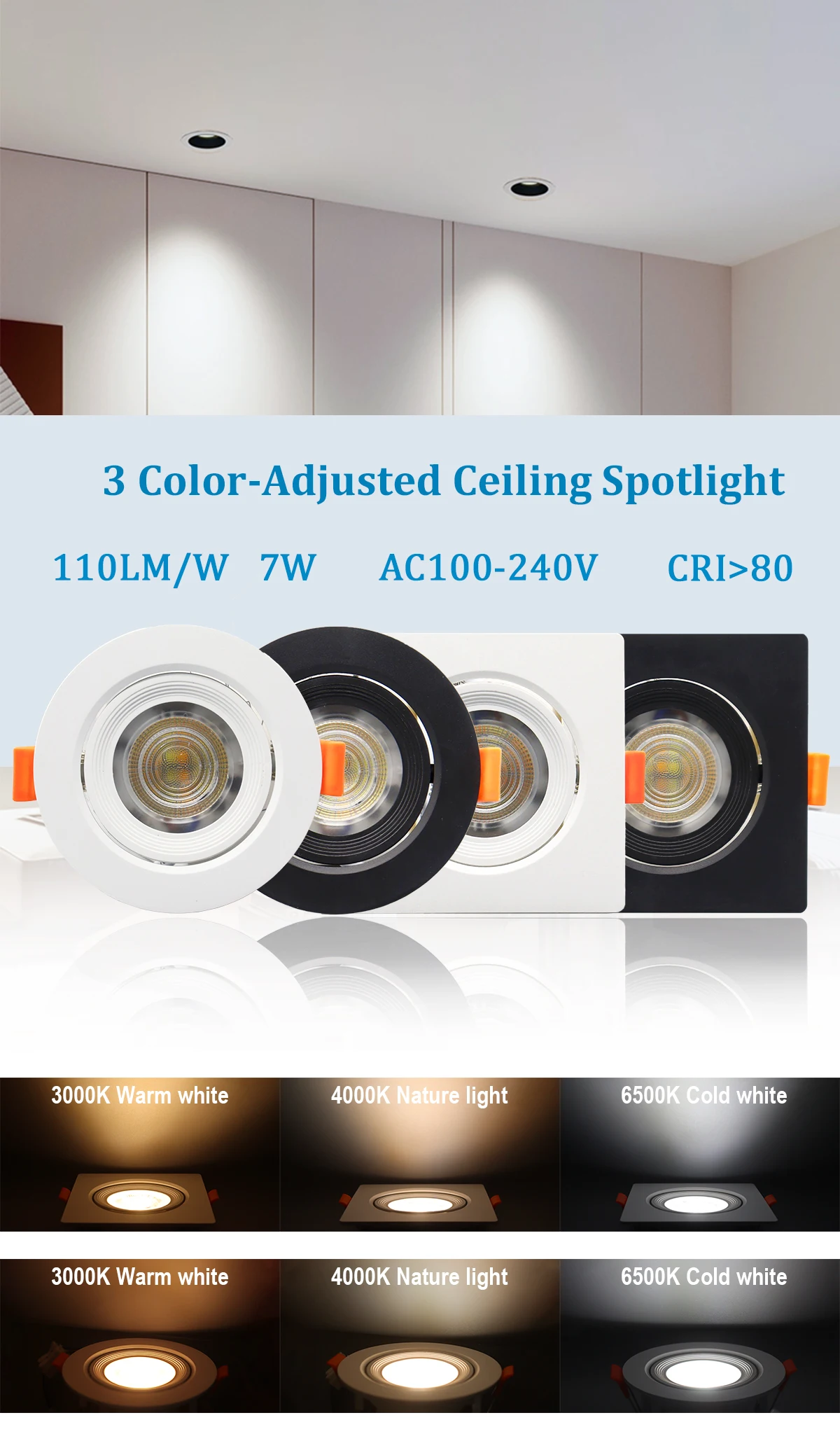 Description Picture 2 of item5pcs Tri color dimming embedded LED ceiling spotlights AC 220V 110V Adjustable angle Downlight 7W 770lm for home decoration