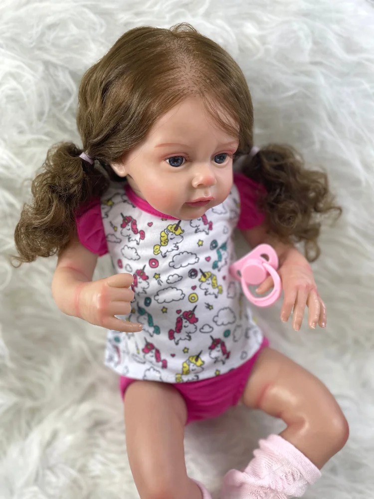 

50CM Finished Doll Reborn Chloe 3D Skin Hand Rooted Brown Hair Neutral Silicone Vinyl Cloth Body Princess Doll