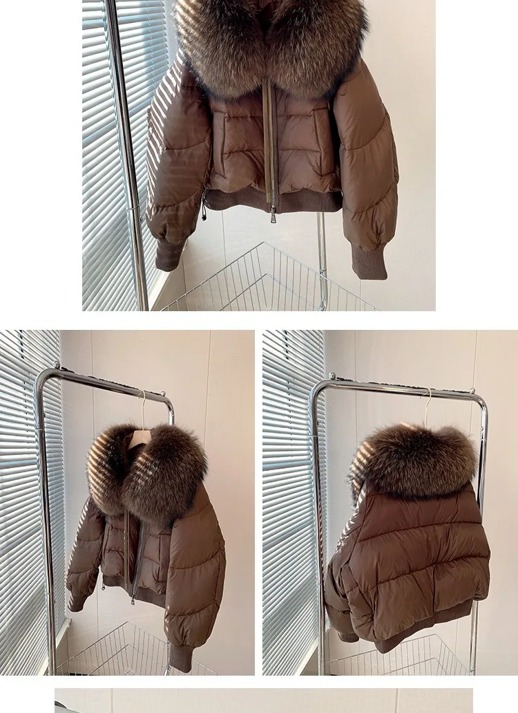 Women's Winter Coat Thick White Goose down Oversized Raccoon Short Fur Collar Bread down Jacket
