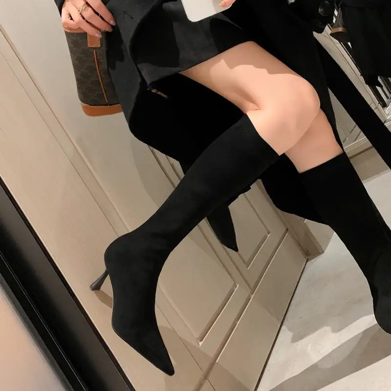

Size 33-40 Soft Flock Elastic Material Women Riding Boots Autumn Fashion Sexy Long Legs High Heel Over The Knee Boots