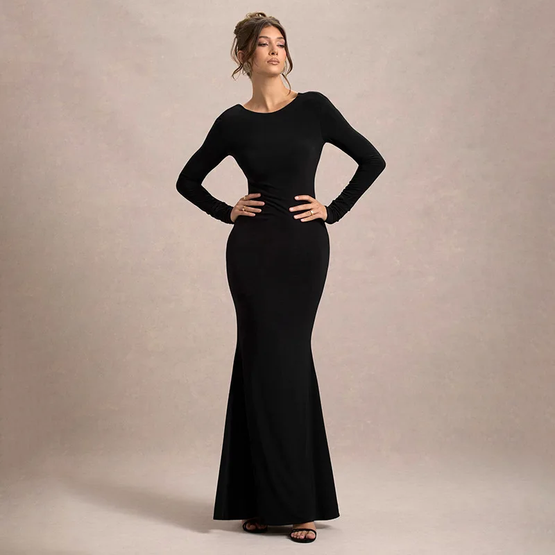 Black Tee Bow Backless Long Dress Women's Fashion High Waist Luxury Elegant Party Dress Gown Female Autumn Maxi Dress