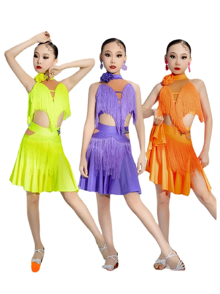 

Chacha Salsa Rumba Latin Dance Dress Female Professional Training Dress Net Gauze Girl Ballroom Dance Irregular Fringe Group