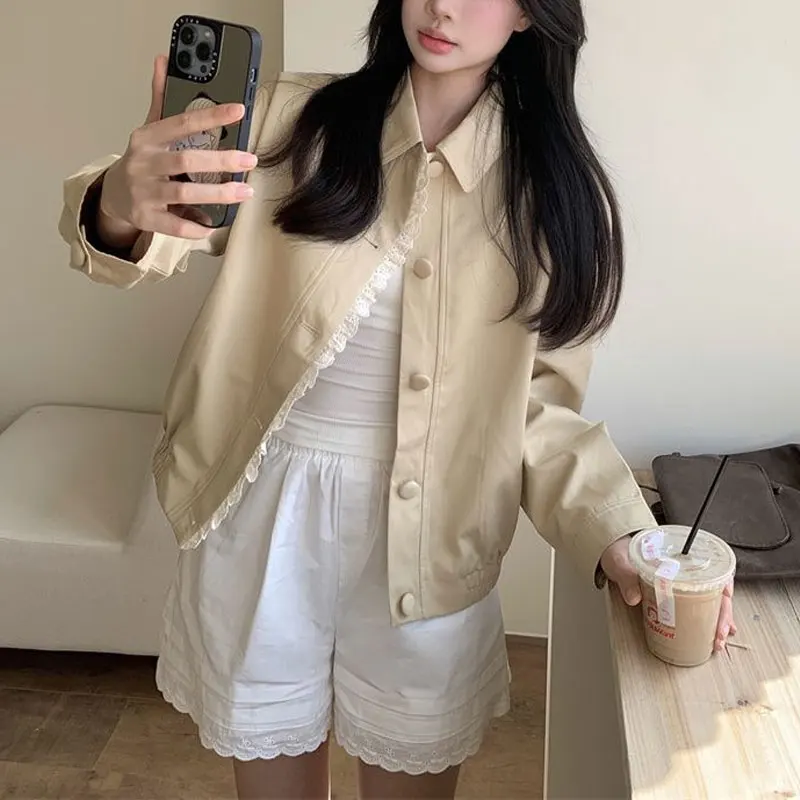 Abbigliamento da donna Cappotti corti tinta unita Colletto rovesciato vintage Autunno Elegante pizzo impiombato Giacche basic casual a maniche lunghe - immagine 4