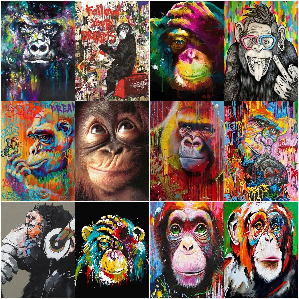 

Monkey Square and Round Diamond Painting for Adults and Children, DIY, Full Diamond, Crystal Cross Embroidery, Animal Painting