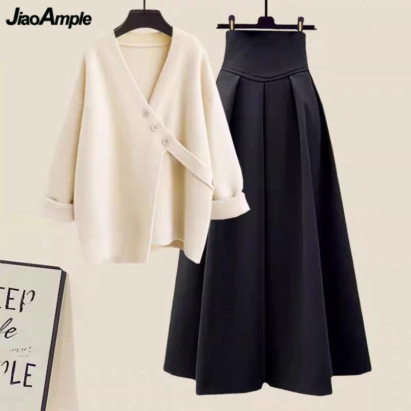 

2023 Autumn Winter New Sweater Tops Skirts 1 or Two Piece Set Korean Lady Graceful Knit Pullover Skirt Outfits Solid Knitwear