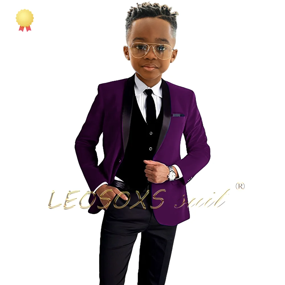 Boys Formal Suit Set 3 Piece Suit-Single Button Royal Blue Suit Velvet Jacket Black Vest Pants Wedding Tuxedo boys formal suit set