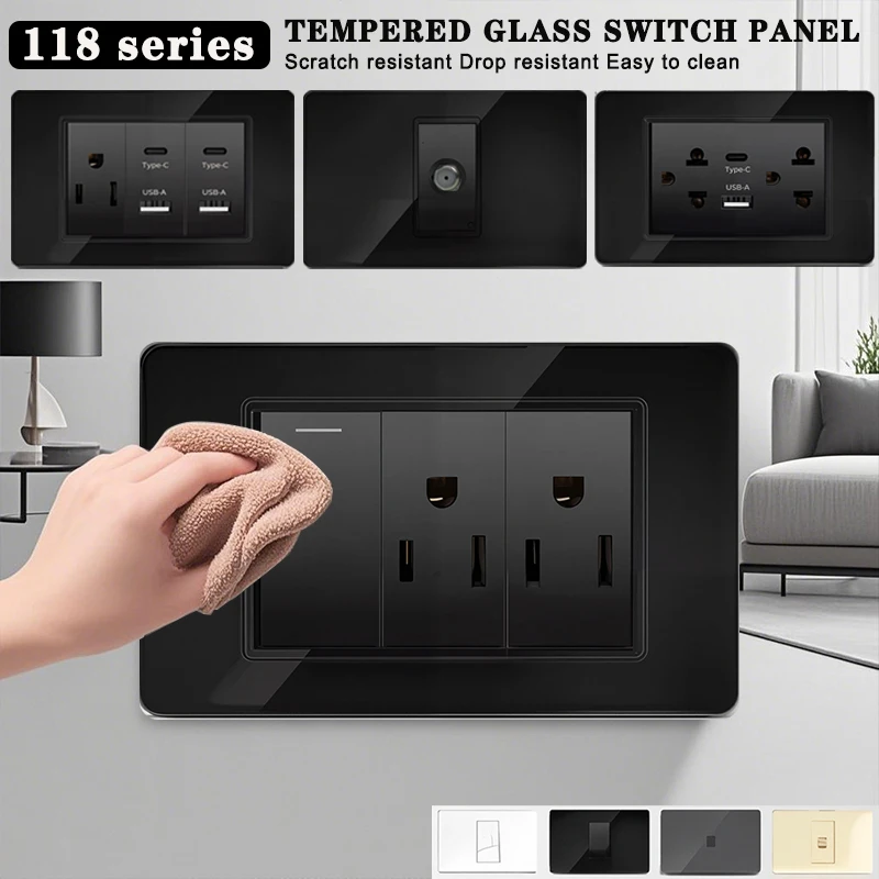 118*75 มม.กระจกนิรภัยแผงซ็อกเก็ต US Wall SOCKET สีดําไทย USB ซ็อกเก็ตปลั๊ก Dual USB Type-C พอร์ต, สวิทช์ไฟ 110V 1