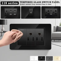 118*75 มม.กระจกนิรภัยแผงซ็อกเก็ต US Wall SOCKET สีดําไทย USB ซ็อกเก็ตปลั๊ก Dual USB Type-C พอร์ต, สวิทช์ไฟ 110V 1