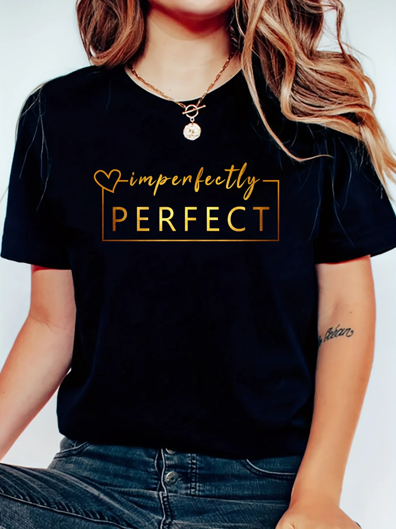 

Golden Color Imperfectly & Perfect Letter Graphic Crew Neck Sports T-shirt, Casual Loose Short Sleeves Tops, Women's Activewear