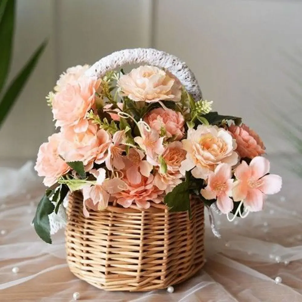 1Pc Exquisite Rattan Storage Basket Flower Pot Hand-woven Lace Bow Decoration Picnic Storage Baskets Wedding Supplies 3