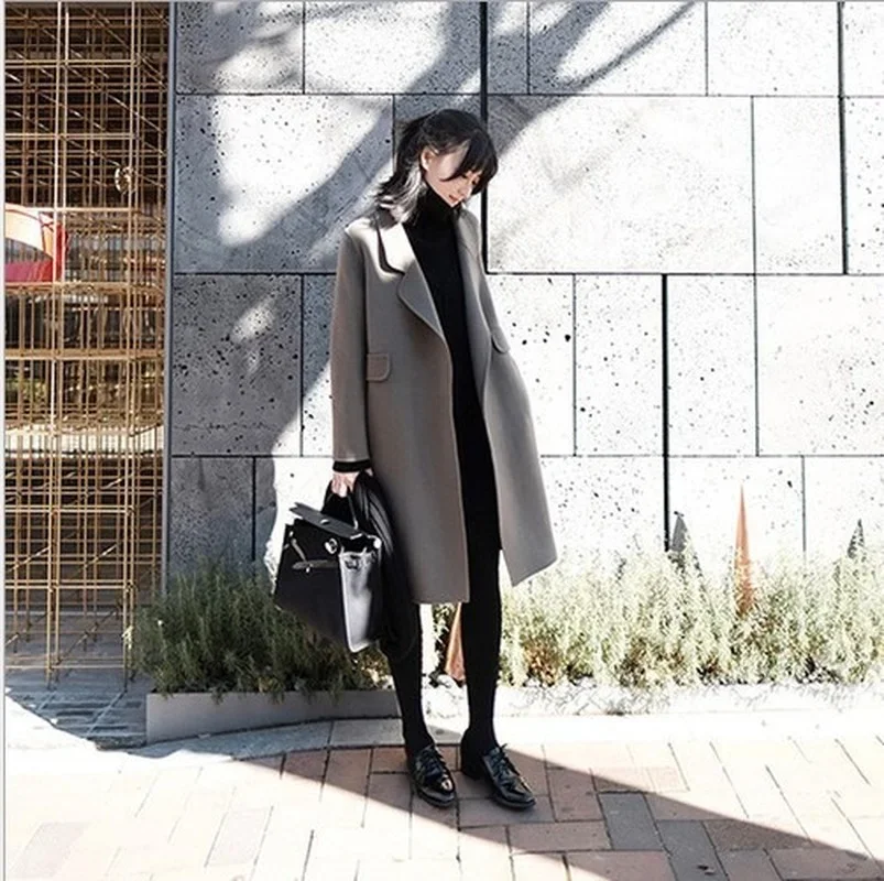 Fashion Double Sided Cashmere Wool Coats Women Lapel Solid Color Knee-Length Long Outwears Warm Thick Autumn Winter Overwears