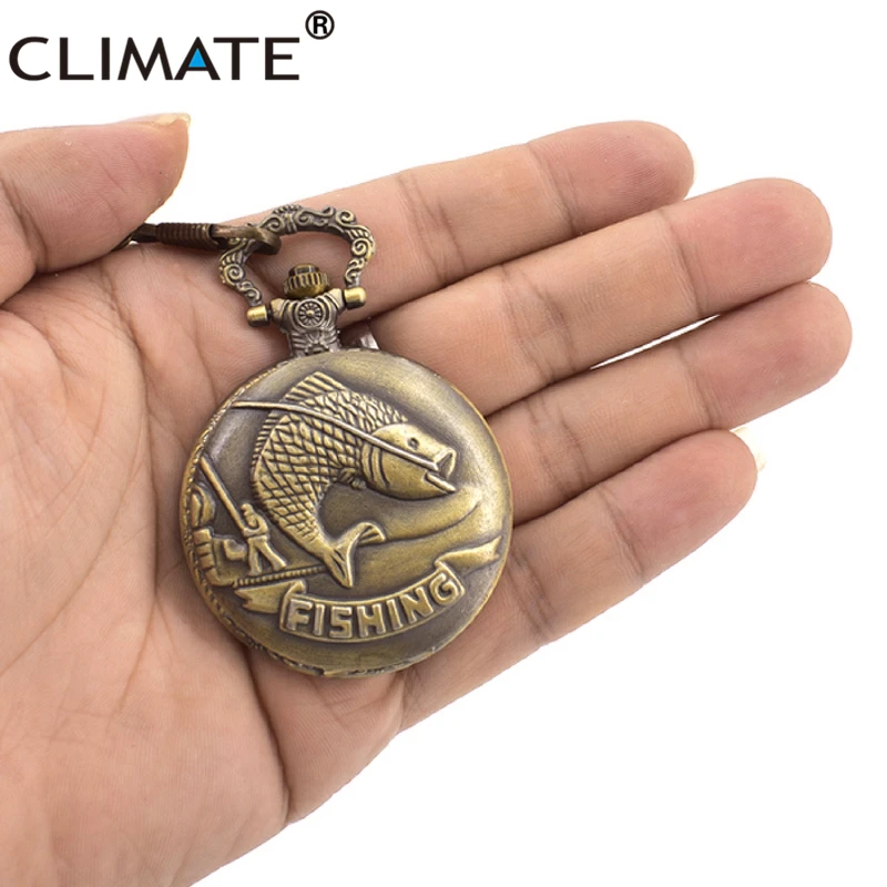 Fishing Fisher Pocket Watch Cool Men Fish Fisher Fish Retro Watch Alloy Quartz Dial Emboss Round Bronze Muslimcon Chain