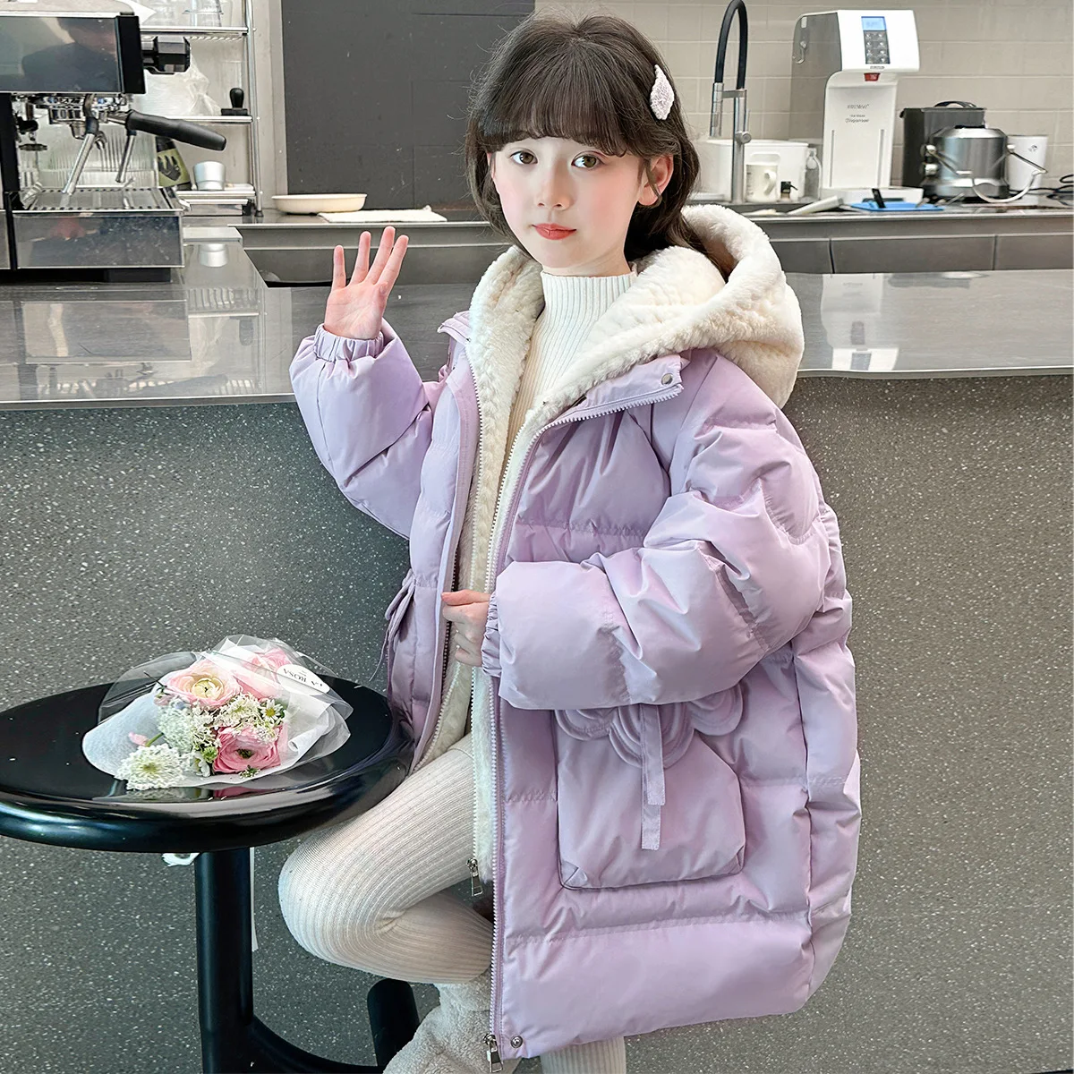 겨울 소녀용 페이크 투피스 후드 두꺼운 따뜻한 파카 어린이 코트 아우터웨어