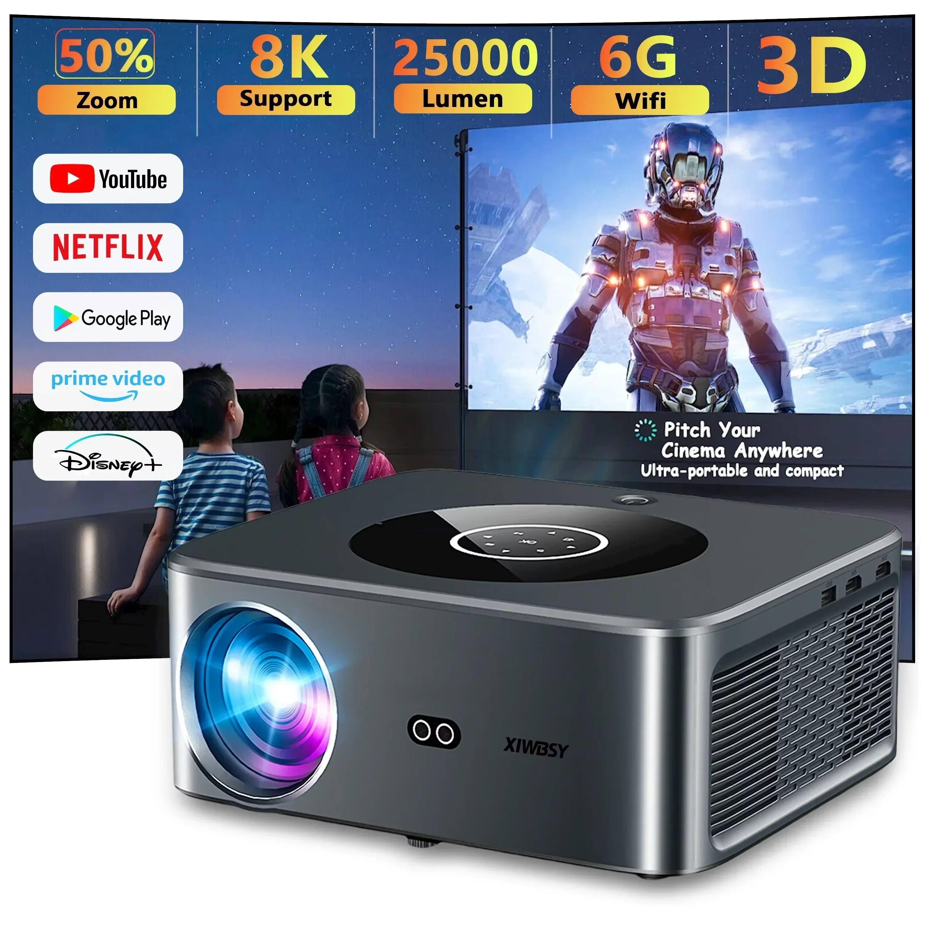 Proiettore 4K Con Netflix Ufficiale, 25000 Lumen, Full HD 1080p, WiFi E Bluetooth, Correzione Trapezoidale 4D, Android TV