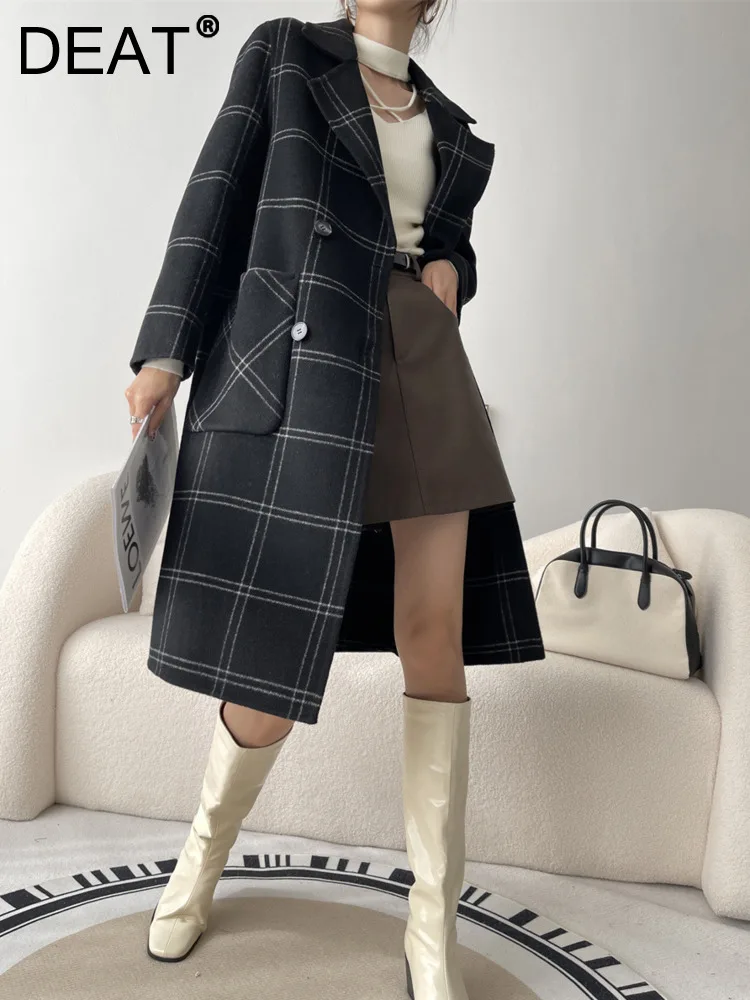 

DEAT Fashion Women's Double Faced Woolen Coat Lapel Double Breasted Full Sleeve Plaid Black Overcoat Winter 2024 New 7AB2744