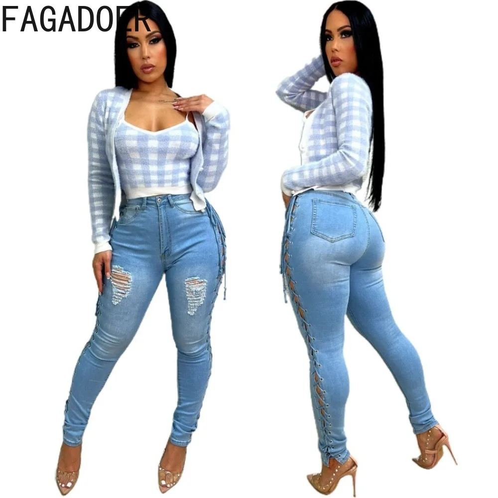 

FAGADOER Blue Denim Casual Hole Side Hollow Bandage Skinny Pants Women High Waisted Button Pocket Jean Female Cowboy Trousers