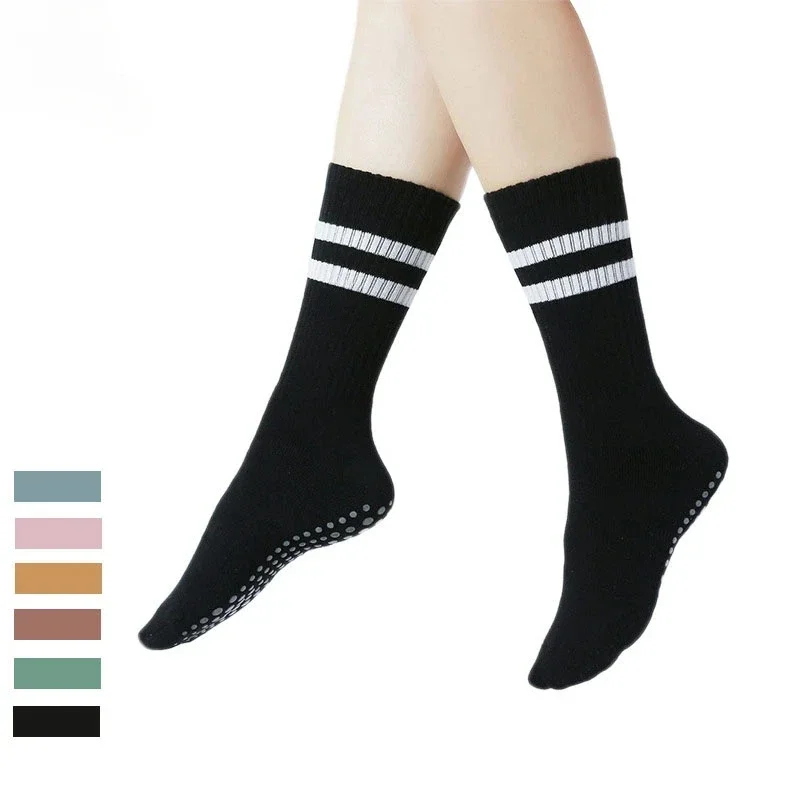 AL Non-slip Yoga Socks Adhesive Mid-tube Socks Dance Non-slip Indoor Fitness Black and White Striped Cotton Socks