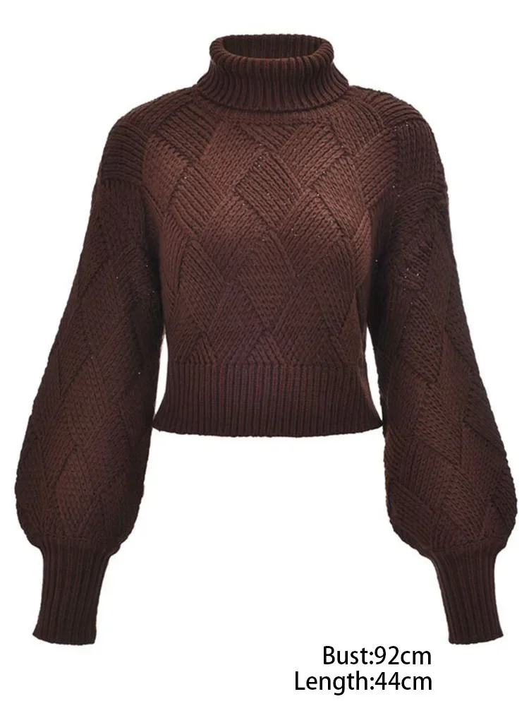 Autumn and Winter New Fashion Turtleneck Women's Sweater Diamond Solid Color Lantern Sleeve Short Knitted Long-sleeved Pullover