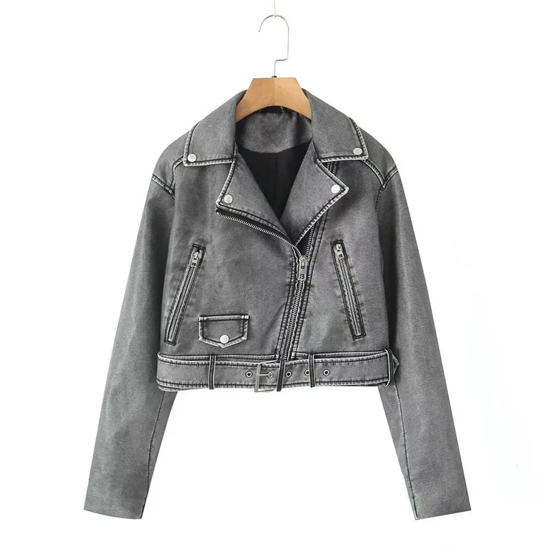 

Grey Faux PU Leather Jacket With Belt Women Slim Short Lapel Long Sleeve Spring Autumn Streetwear Motorcycle Biker Jacket Coat