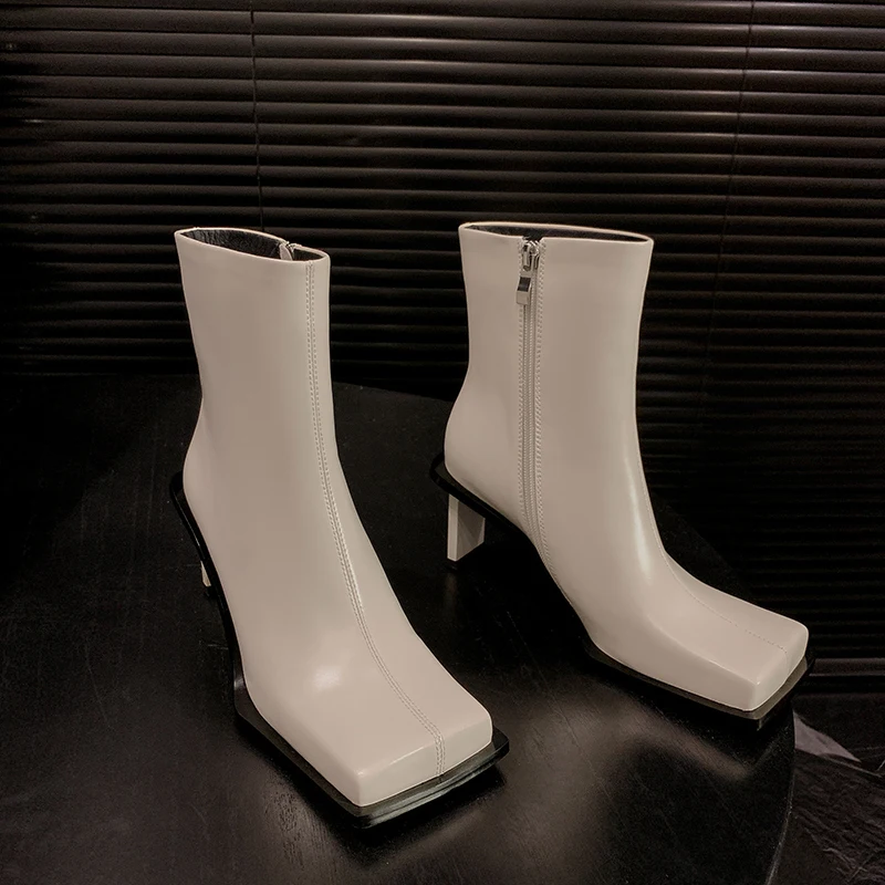 Square Toe Shaped Heel Women's Ankle Boots Genuine Leather Side Zipper Solid Woman Short Boots Autumn New Fashion High Heels