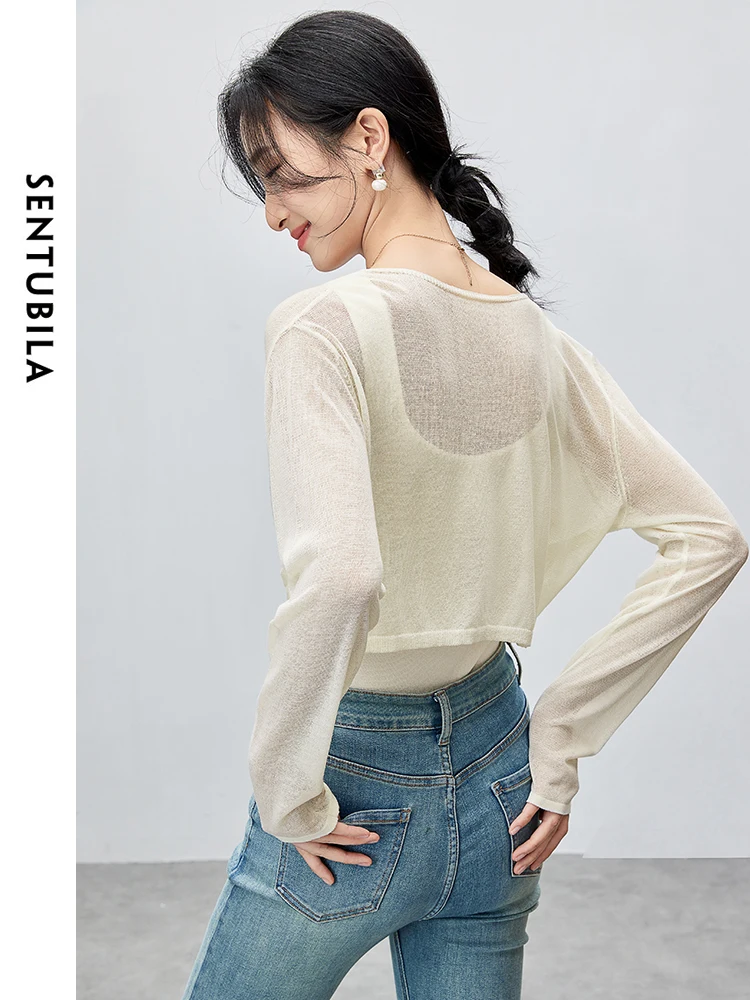 SENTUBILA Casual Cropped V-neck Knitted Pullovers 2024 Summer Fashion Loose Thin Soft Long Sleeve Top Woman Clothing W42H55450 2