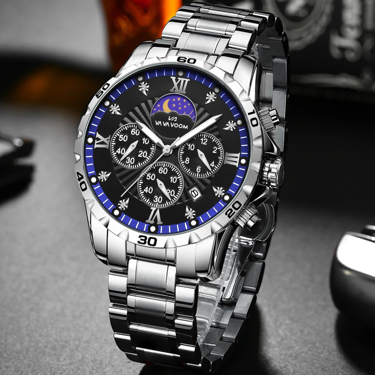 Stainless Steel Men Quartz Watch 43mm Leisure Business Feng Shui Diamond Night Glow Gold Black Sports Quartz Watch Free Shipping