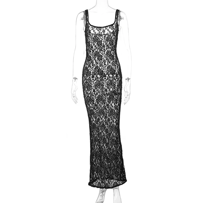 Lace Dresses Women Summer Sheer See Through Spaghetti Strap Sleeveless Bodycon Long Dress Sexy Evening Party Dresses