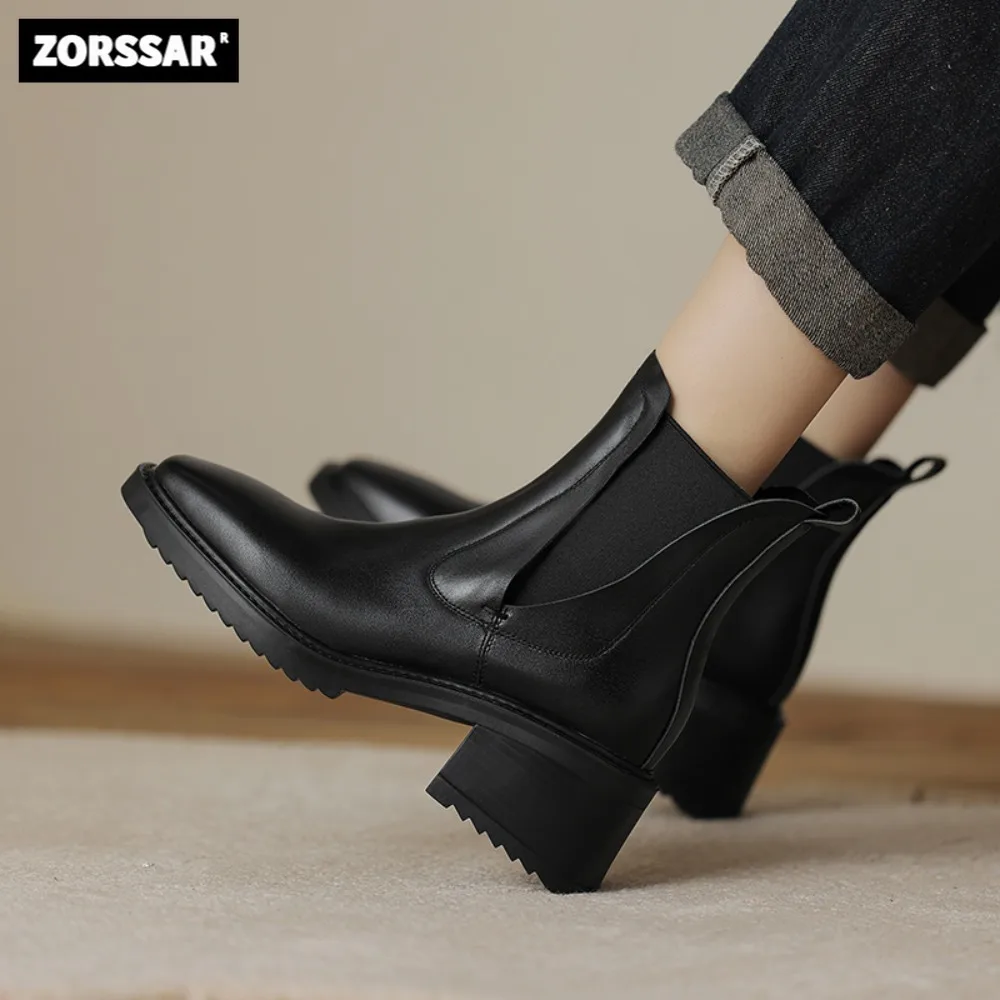 

Women Chelsea Ankle Boots Low Heel Shoes 2023 New Female Stylish Genuine Cow Leather Modern Boots Winter Warm Plush Woman Shoes