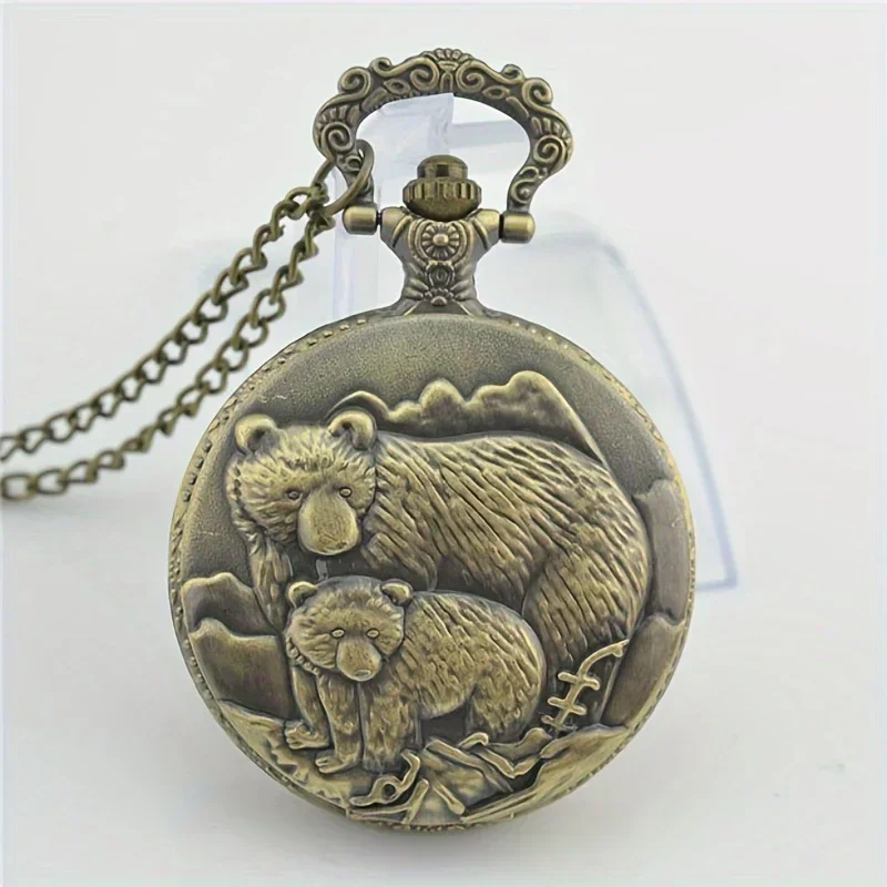 Bear Embossed Quartz Pocket Watch Retro Vintage Animal Analog Necklace Chain Watch For Women Men Christmas Father's Day Gift