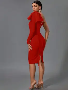 Bandage Dress Red Bodycon Dress Evening Party Elegant Sexy One Shoulder Birthday Club Outfit 6
