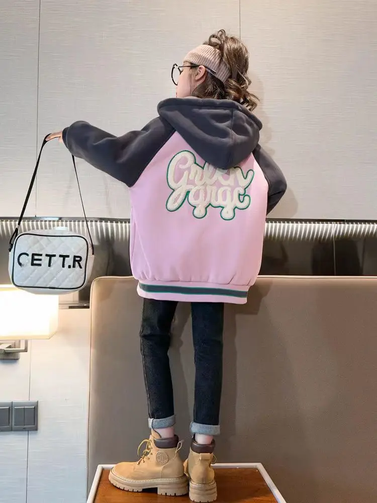 

Girl's Coat Plus Velvet Autumn And Winter Model New Contrasting Colors Youth Hooded Baseball Suit Clip C loose Cotton Coat
