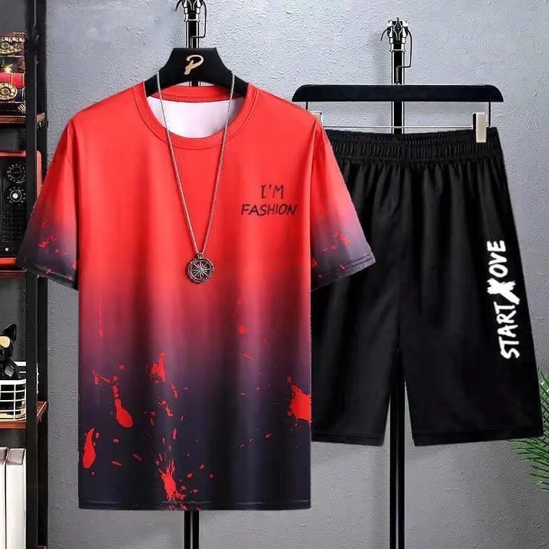 2023 Summer Men Fashion Tracksuit Short Sleeve Two Piece Sets Mens Casual Tshirt+Shorts Sets Harajuku Style Streetwear Sweatsuit