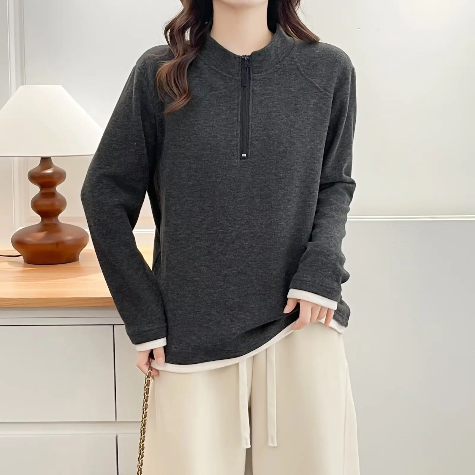 XXXXL Fashion Plus Size Women's T-Shirt Simple Block Color Fleece Warm Zipper Stand Up Collar Base Tops Autumn And Winter 2529