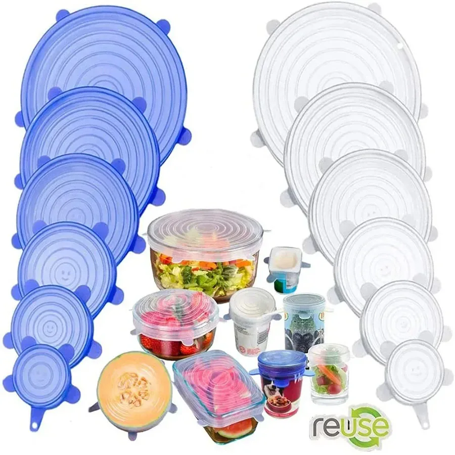 Food Cover 6Pcs Silicone Fresh-keeping Reusable Stretch Canning Lids Refrigerator Microwave Airtight Plastic Wrap Kitchen