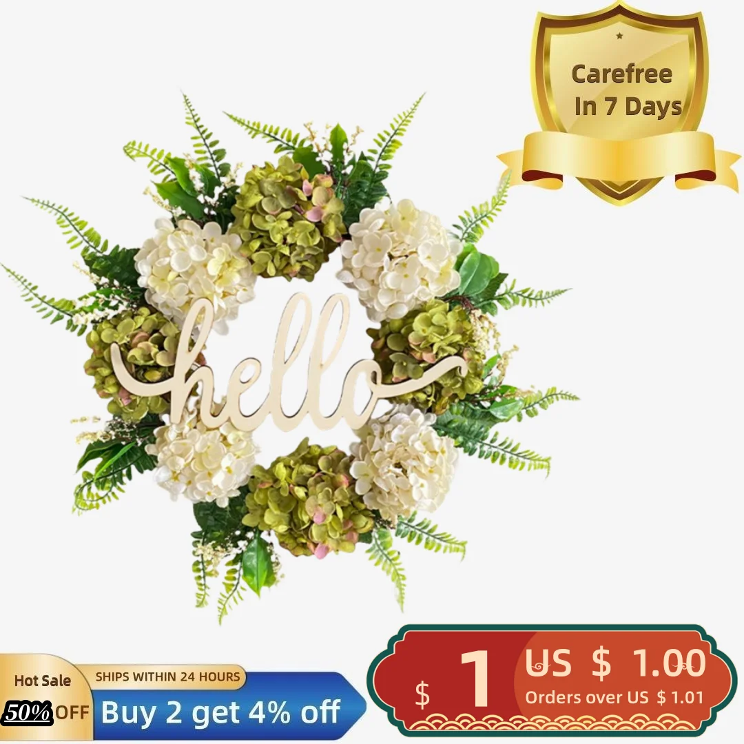 

Festive Hello Artificial Wreath Door Decoration Green White Hydrangea False Wreath Front Door Wall Hanging Festival Round Wreath