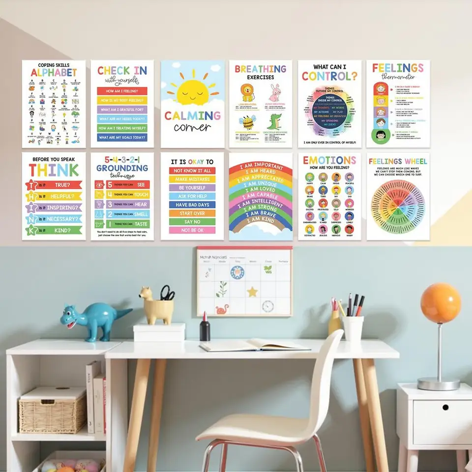 BEAWART 6 Calming Corner Classroom Posters, Feelings Wheel Chart Emotions Poster For Kids Calm Down Corner Supplies For Therapy Office Decor Mental Health Wall Decorations For Preschool Teachers