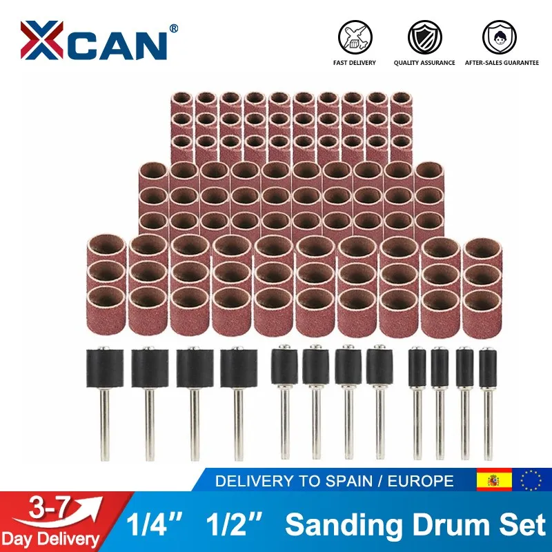 XCAN Schleiftrommelset # 80 # 100 # Körnung 120 mit 6,35 mm 12,7 mm Schleifdorn für Dremel-Rotationswerkzeuge Schleifwerkzeuge Schleifbänder
