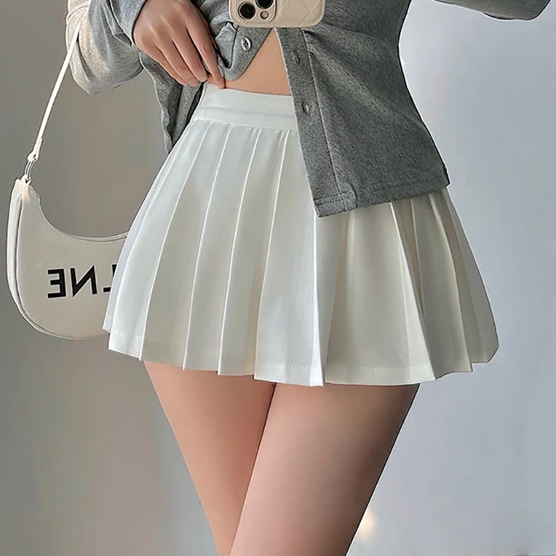 

Pleated Skirt with Shorts Women Sexy High Waist White Black A-line Korean Gyaru Mini Tennis Skirt School Girl Summer