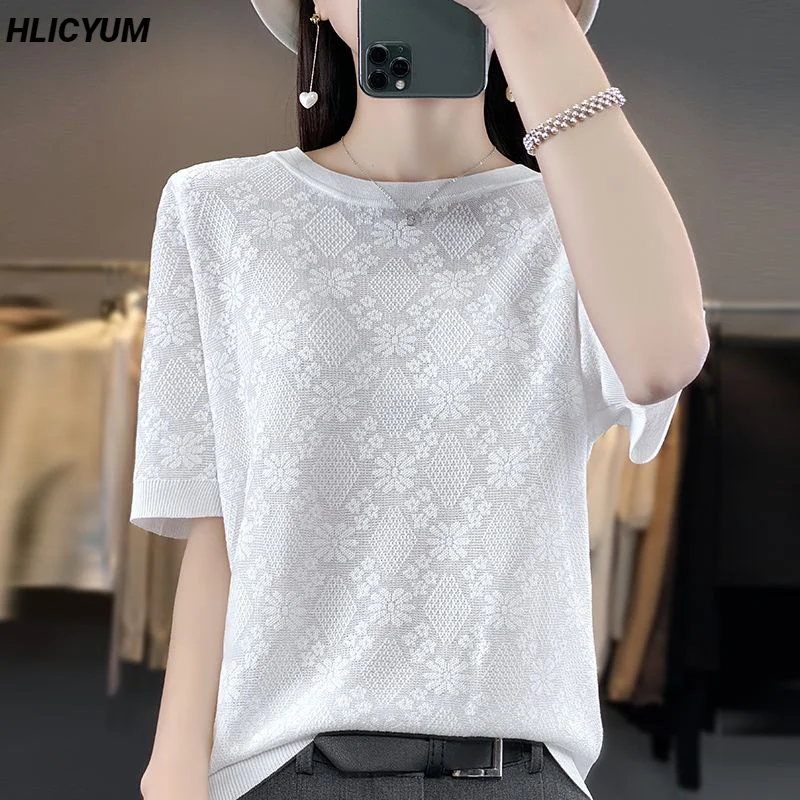 

Women's T-shirt Summer New Solid Sweater Short Sleeve Casual Knitwear Round Neck Ladies Tops Blouse Overside Hollow Out Tees