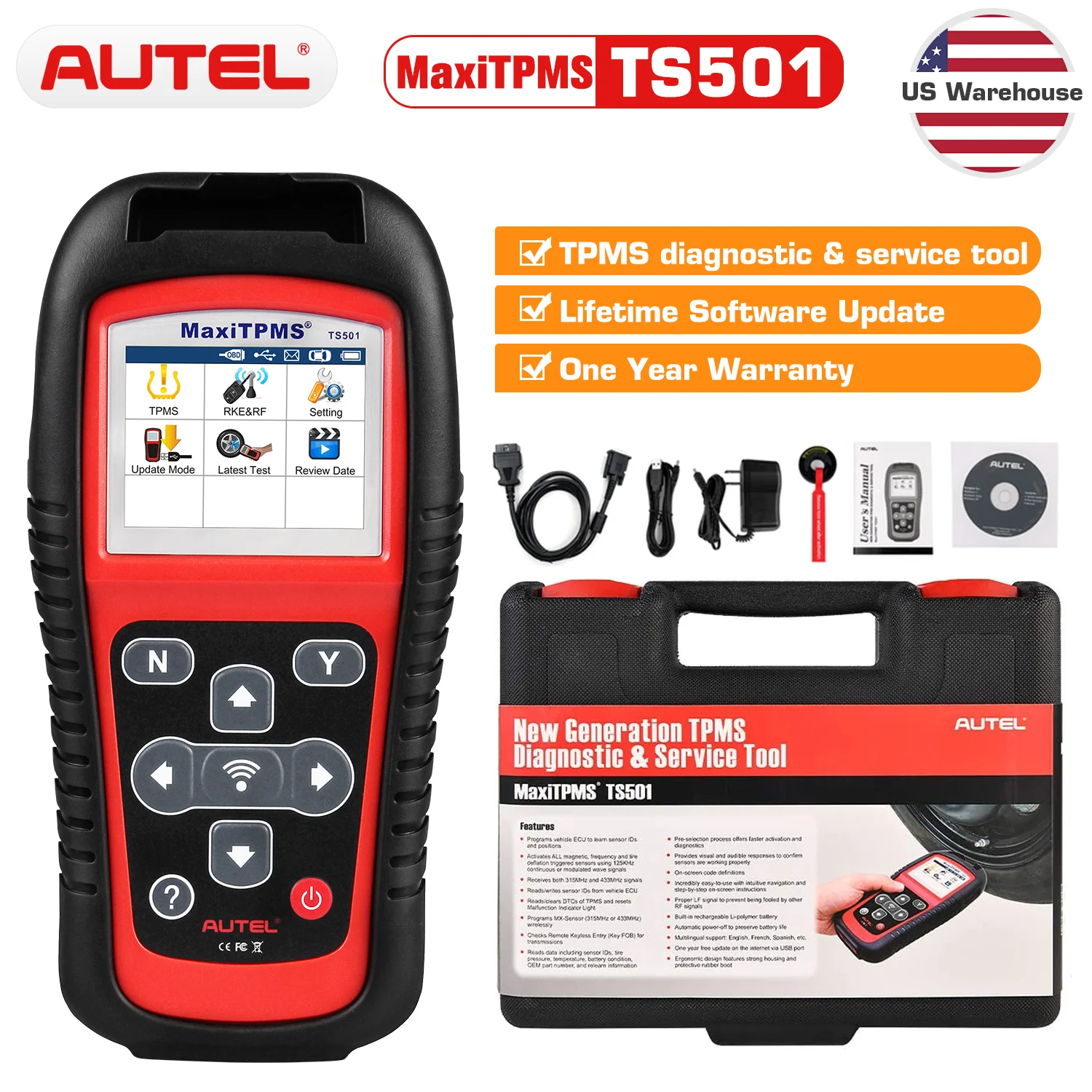 Autel MaxiTPMS TS501 TPMS Diagnosis Tool OBD 2 Car Diagnostic Scanner OBDII Code Reader TPMS Check 433 315MHz Sensor Programming automotive battery charger