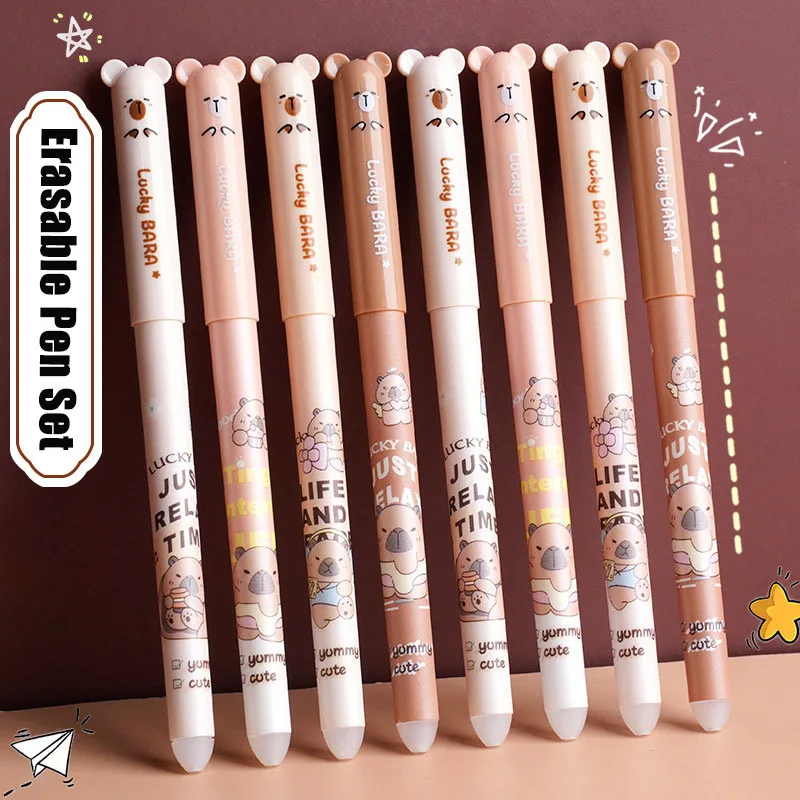 14pcs/set Cute Brown Bear Erasable Gel Pens Fine Tip - 0.5mm, Blue/Black Erasable Ink Pen Refills Rods Washable Handle Supplies 4
